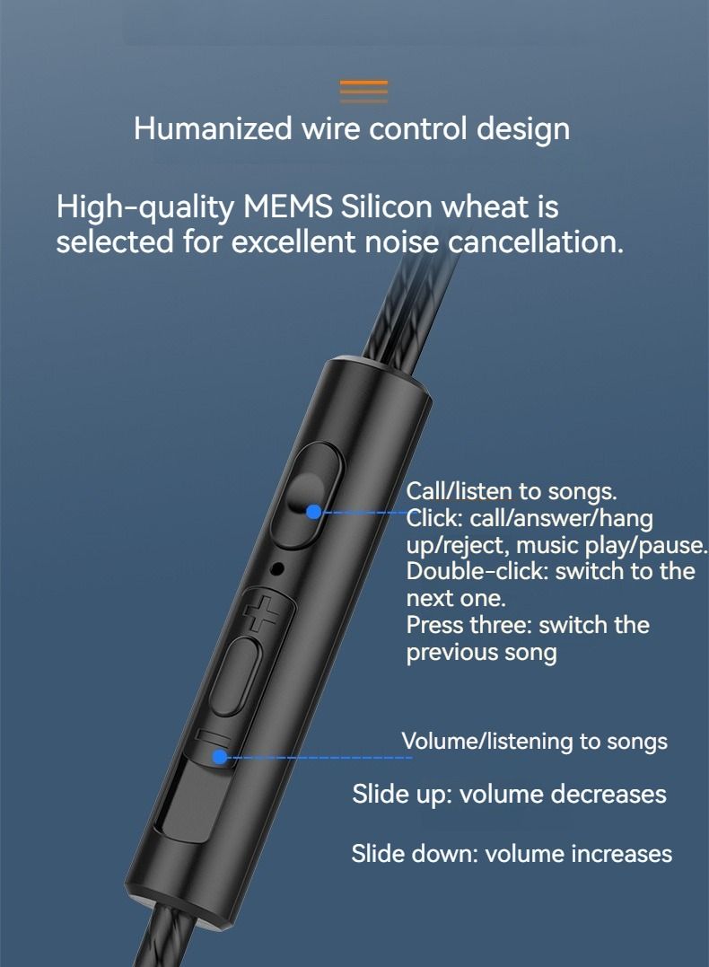New in-ear wired headphones dual dynamic dual speakers 3.5mm round hole wired headphones (blue)