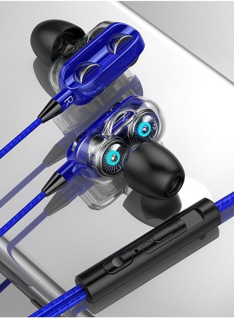 New in-ear wired headphones dual dynamic dual speakers 3.5mm round hole wired headphones (blue)