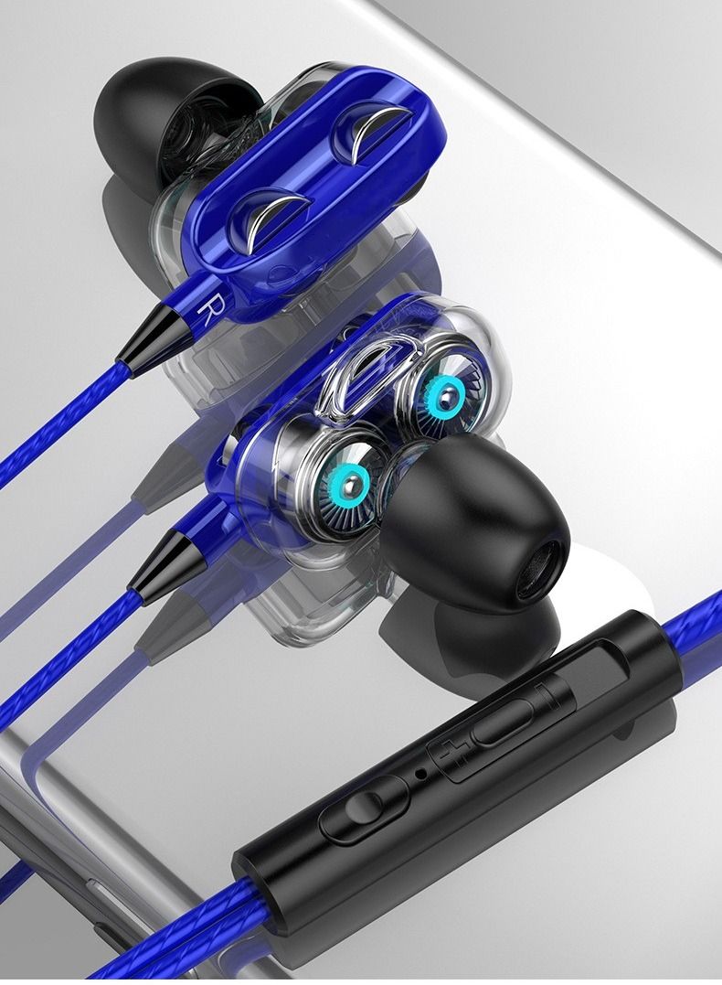 New in-ear wired headphones dual dynamic dual speakers 3.5mm round hole wired headphones (blue)
