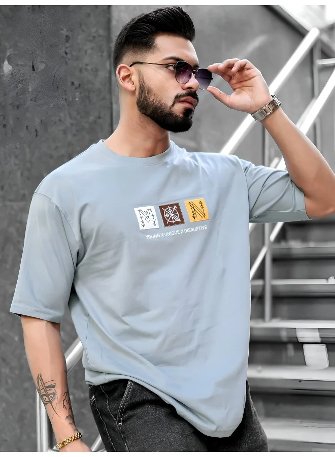 Maniac Maniac Mens Printed Round Neck Half Sleeve Light Grey Cotton T-Shirt