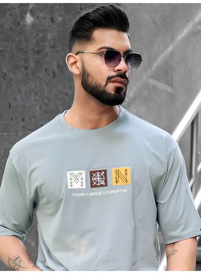 Maniac Mens Printed Round Neck Half Sleeve Light Grey Cotton T-Shirt - Image 1