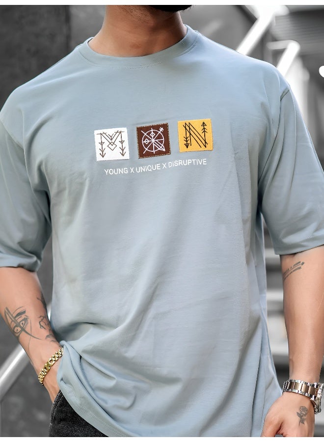 Maniac Mens Printed Round Neck Half Sleeve Light Grey Cotton T-Shirt - Image 5