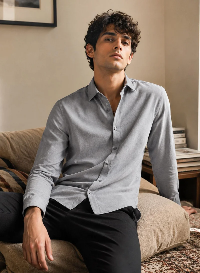 CAHOOT Men's Grey Plain/Basic Regular Shirt For Casual Wear | Collared Neck | Long Sleeve | Button Closure | Polyester Shirt Crafted With Comfort Fit For Everyday Wear (3840)