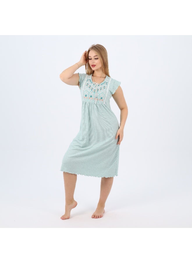 zecotex  Summer Short Ribbed Cotton Nightdress with Colorful Embroidery – Lightweight & Breathable Sleepwear  - Image 2