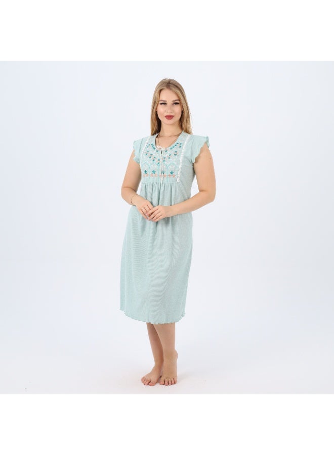 zecotex  Summer Short Ribbed Cotton Nightdress with Colorful Embroidery – Lightweight & Breathable Sleepwear  - Image 1