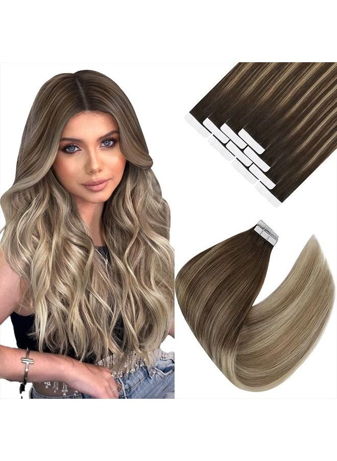 Ve Sunny Ombre Tape in Human Hair Extensions Blonde VeSunny Hair Tape in Extensions Real Human Hair Dark Brown Ombre Golden Blonde Mixed Platinum Blonde Balayage Tape on Hair Extensions Ombre 10pcs 25g 22"  - Image 1