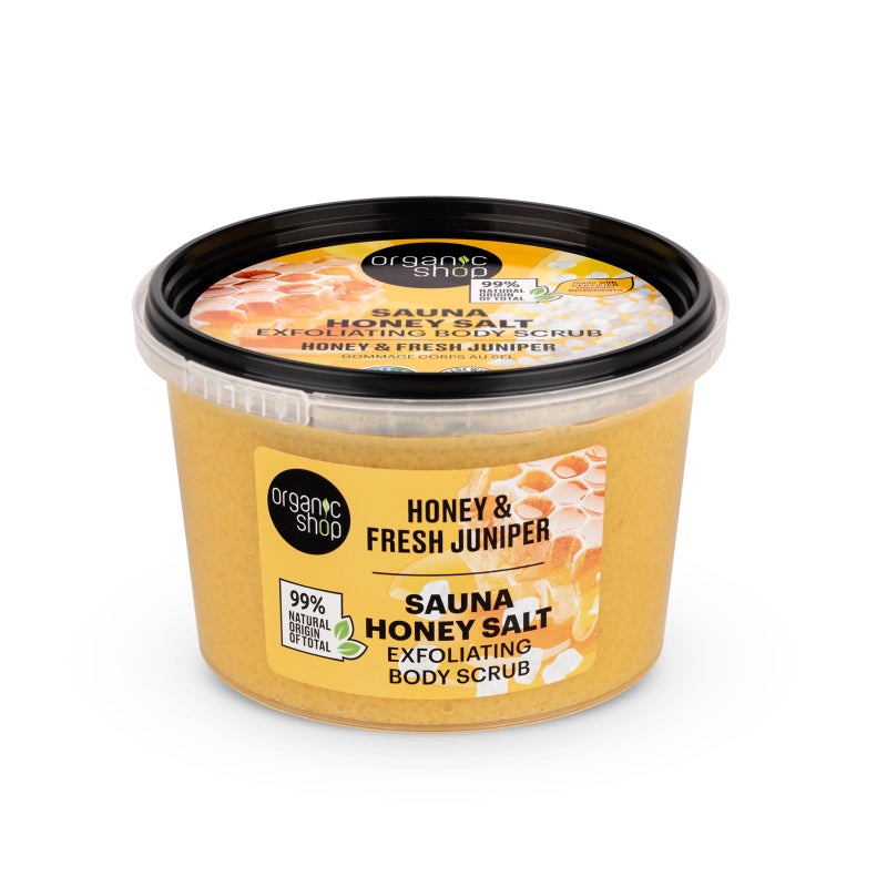 Organic Shop سكراب الجسم المرطب والمقشر بالعسل والملح والعرعر، 100% نباتي وعضوي، مقشر يومي، ديتوكس ومرطب، للجسم والوجه واليدين والقدمين، عناية مكثفة وتوحيد لون البشرة. 250 مل - Image 1