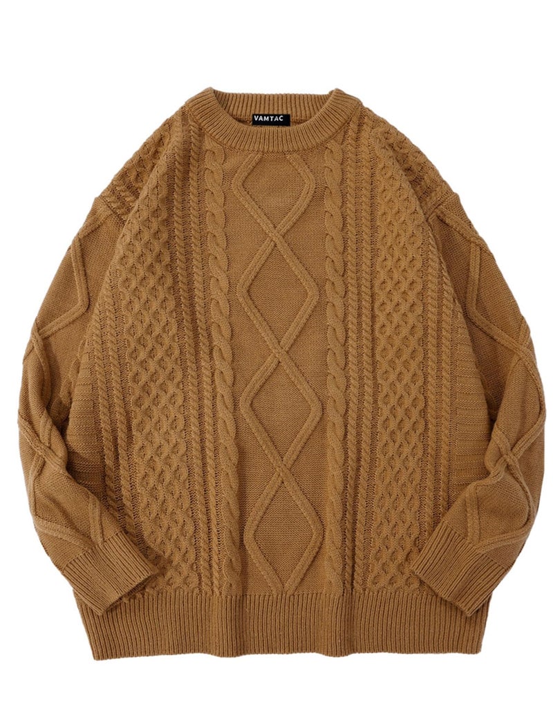 Vamtac Womens Cable Knit Sweater Oversized Fall Sweaters Casual Soft Vintage Crewneck Pullover Knitted Tops Brown M - Image 1