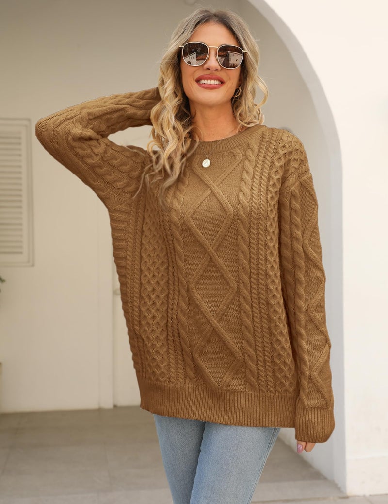 Vamtac Womens Cable Knit Sweater Oversized Fall Sweaters Casual Soft Vintage Crewneck Pullover Knitted Tops Brown M - Image 3