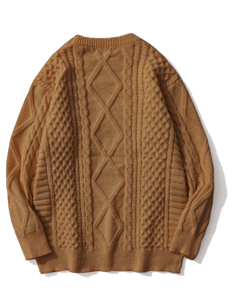 Vamtac Womens Cable Knit Sweater Oversized Fall Sweaters Casual Soft Vintage Crewneck Pullover Knitted Tops Brown M - Image 4