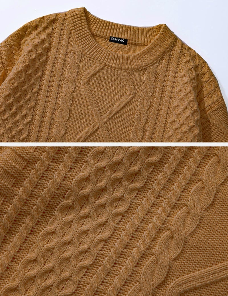 Vamtac Womens Cable Knit Sweater Oversized Fall Sweaters Casual Soft Vintage Crewneck Pullover Knitted Tops Brown M - Image 5