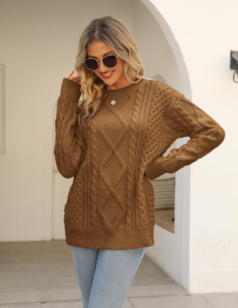 Vamtac Womens Cable Knit Sweater Oversized Fall Sweaters Casual Soft Vintage Crewneck Pullover Knitted Tops Brown M - Image 2