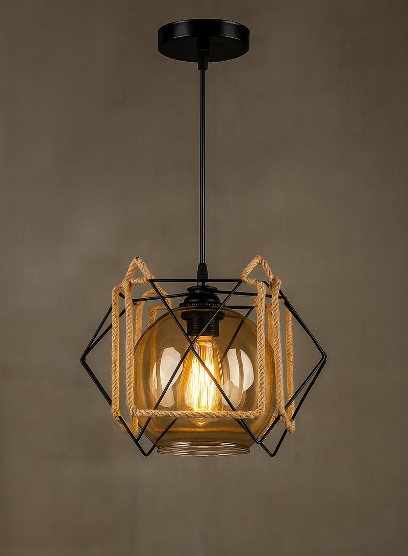 Modern metal chandelier decorated with linen ropes in the shape of a lantern - without a bulb - Code 5218 - Image 2