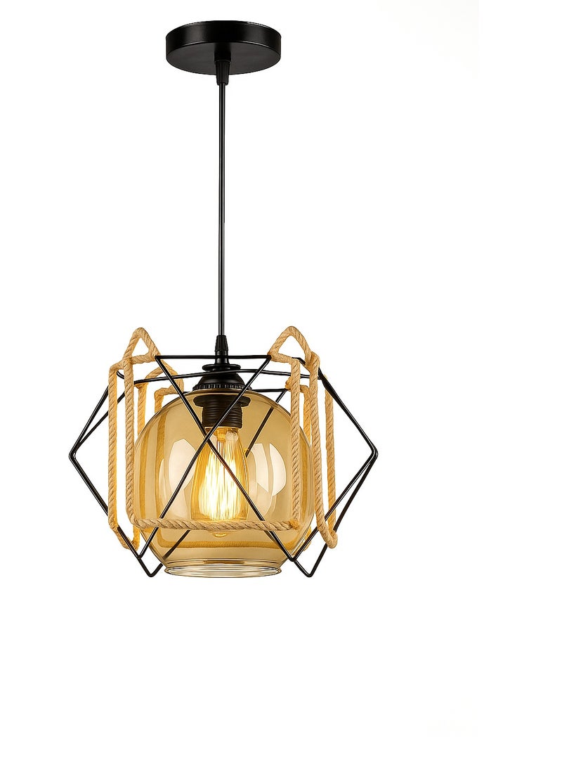 Modern metal chandelier decorated with linen ropes in the shape of a lantern - without a bulb - Code 5218 - Image 1