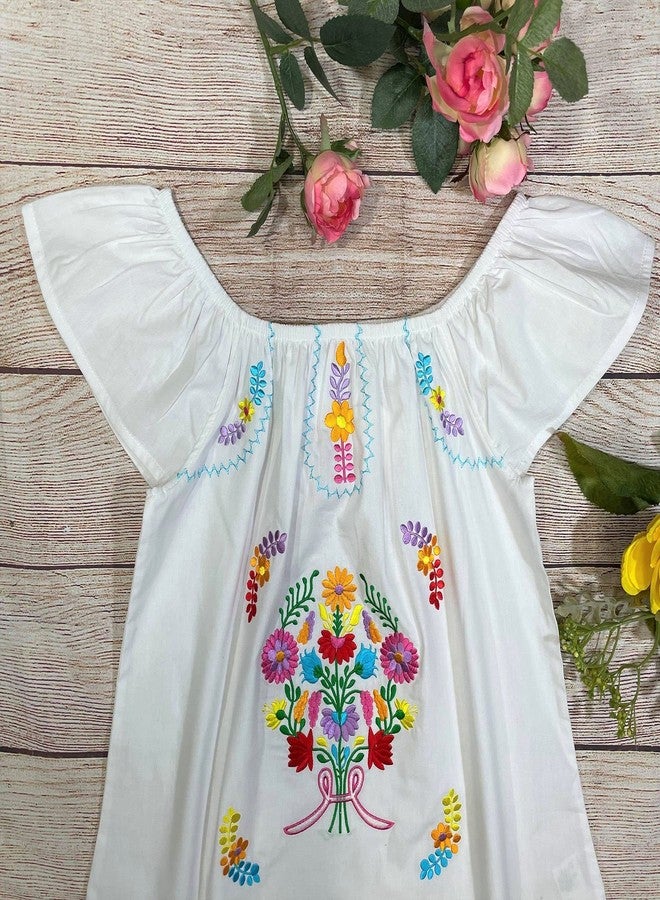Unik فساتين قطنية تقليدية مكسيكية مطرزة للأطفال والرضع باللون الأبيض مقاس 6 - Image 2