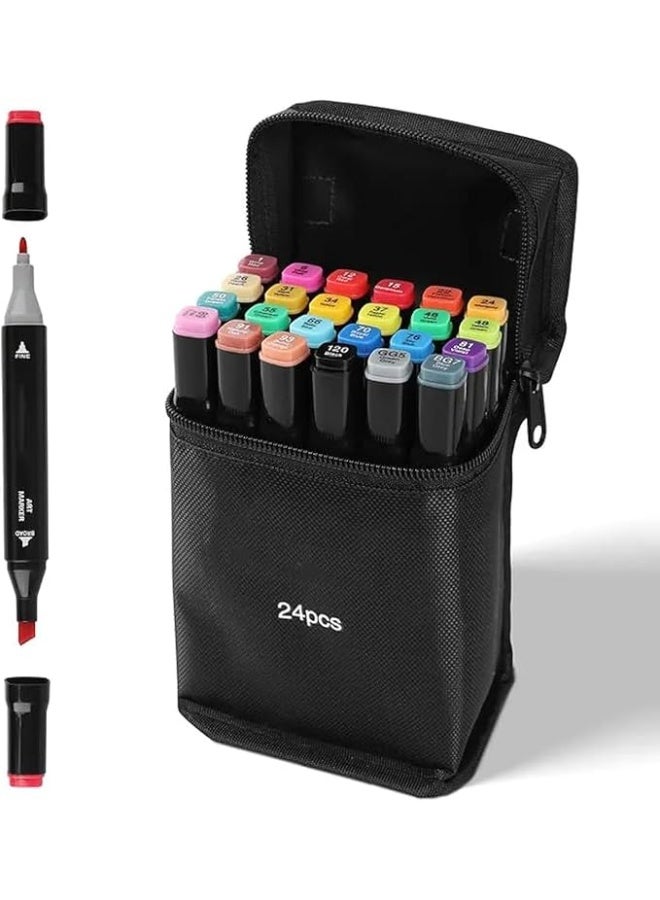 24 Pcs Art Marker Pen Set Dual Tip Markers with Blender and Carry Case, Permanent Sketch Drawing Coloring Markers for Kids Adults Projects and Artist Supplies