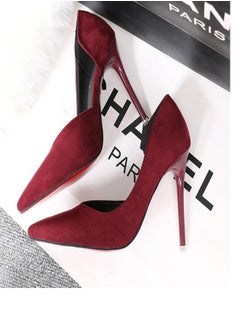 Eloshman 10cm Fashionable And Minimalist Slim Heel Suede Shallow Mouthed Pointed Women's Singles Shoes Wine Red  - Image 3
