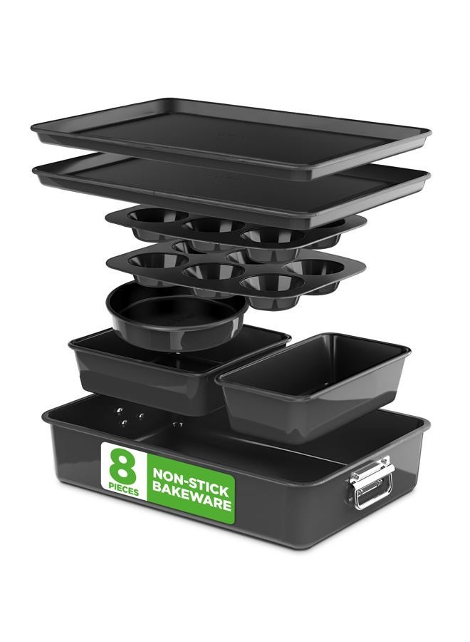 NutriChef 8-Piece Nonstick Stackable Bakeware Set - PFOA, PFOS, PTFE Free Baking Tray Set w/Non-Stick Coating, 450°F Oven Safe, Round Cake, Loaf, Muffin, Wide/Square Pans, Cookie Sheet (Black) - Image 1