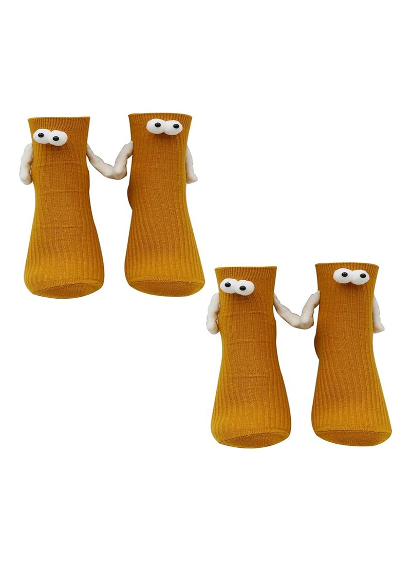 KASTWAVE 2 Pairs Children's Hand Holding Socks, Boy and Girl Mid-Calf Socks, Solid Color Cute Funny Student Sports Socks, 3D Doll Couple Sock, Funny Gift, Hand In Hand Socks, Magnetic Socks (Brown, 26CM) - Image 1