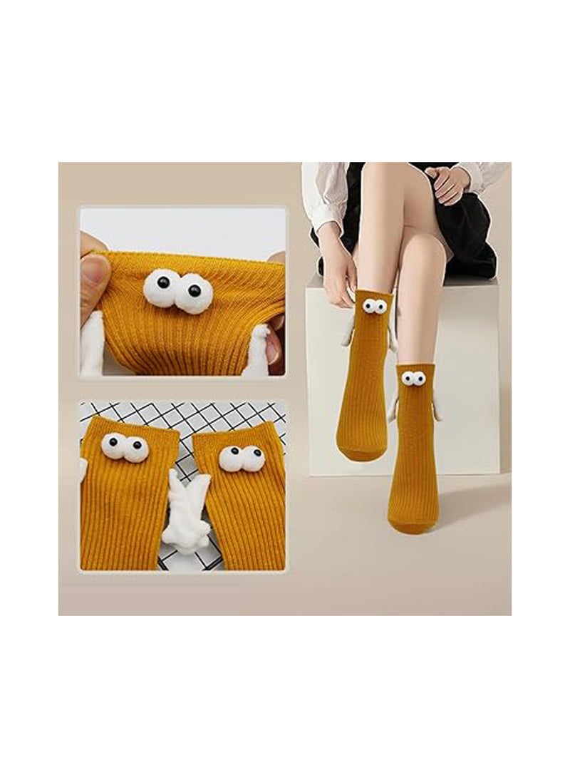 KASTWAVE 2 Pairs Children's Hand Holding Socks, Boy and Girl Mid-Calf Socks, Solid Color Cute Funny Student Sports Socks, 3D Doll Couple Sock, Funny Gift, Hand In Hand Socks, Magnetic Socks (Brown, 26CM) - Image 3
