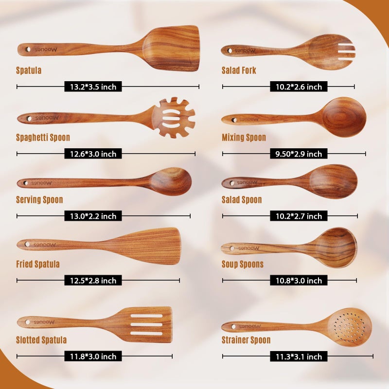 Mooues Wooden Spoons for Cooking, Wooden Utensils for Cooking Natural Teak Wooden Kitchen Utensils Set Comfort Grip (10 PCS SET) - Image 4