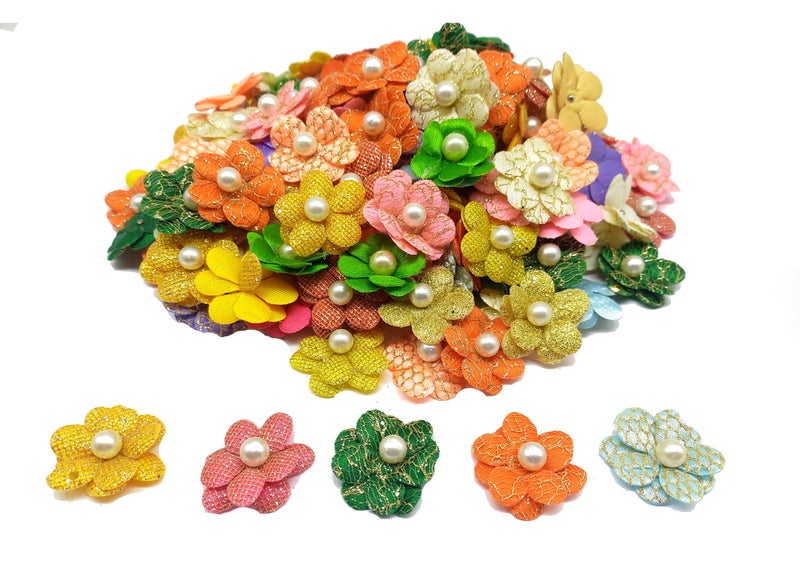 PRANSUNITA Multicolored Stem Less Fabric Decoration Flower with White Beads, Size - 3 cm, Handmade for Dresses, Gift Wedding Packaging, Radha Krishna & Baby Shower, Pack of 50 pcs - Image 1