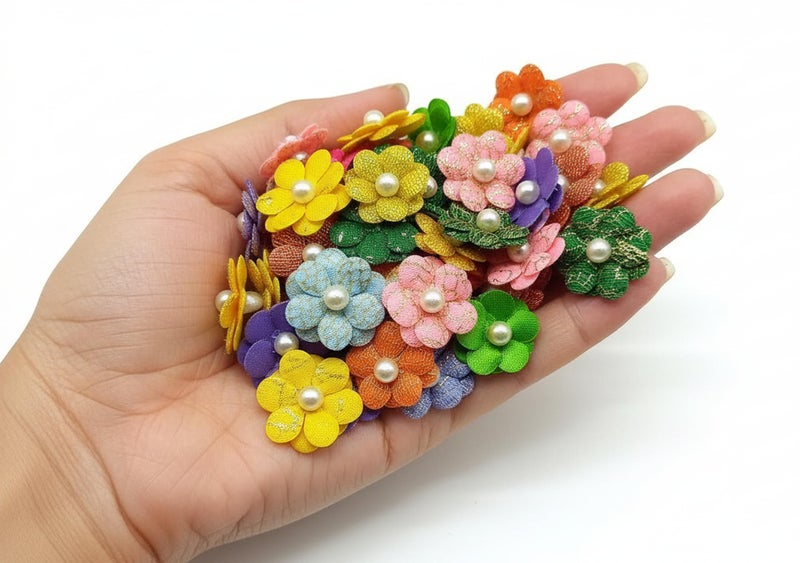 PRANSUNITA Multicolored Stem Less Fabric Decoration Flower with White Beads, Size - 3 cm, Handmade for Dresses, Gift Wedding Packaging, Radha Krishna & Baby Shower, Pack of 50 pcs - Image 3