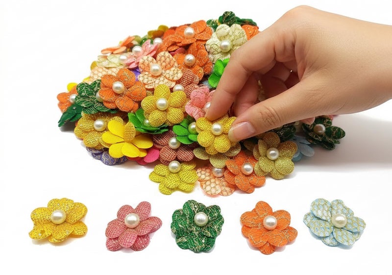 PRANSUNITA Multicolored Stem Less Fabric Decoration Flower with White Beads, Size - 3 cm, Handmade for Dresses, Gift Wedding Packaging, Radha Krishna & Baby Shower, Pack of 50 pcs - Image 2