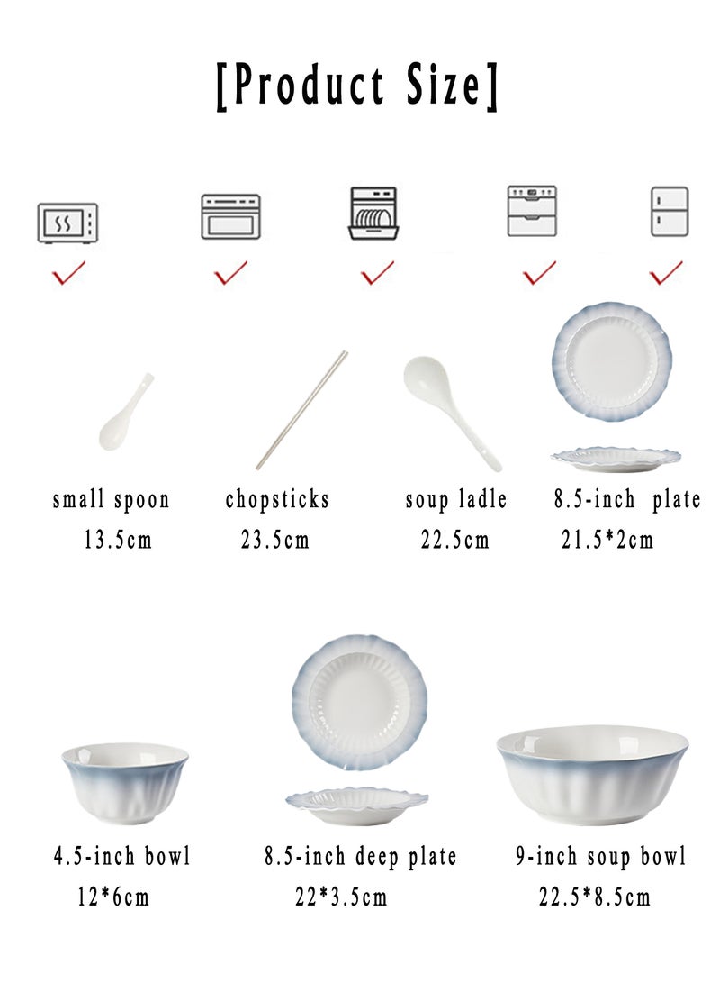 19 - Piece Smoke - Blue Petal Ceramic Dinnerware Set For 4, 4 Bowls + 4 Plates + 4 Spoons + 5 Chopsticks + 1 Soup Bowl + 1 Ladle,Microwave & Dishwasher Safe, Ideal For Home Dining, Brunch, Housewarming Gift, Kitchen Tableware - Image 2