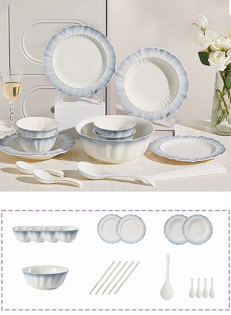 19 - Piece Smoke - Blue Petal Ceramic Dinnerware Set For 4, 4 Bowls + 4 Plates + 4 Spoons + 5 Chopsticks + 1 Soup Bowl + 1 Ladle,Microwave & Dishwasher Safe, Ideal For Home Dining, Brunch, Housewarming Gift, Kitchen Tableware - Image 1