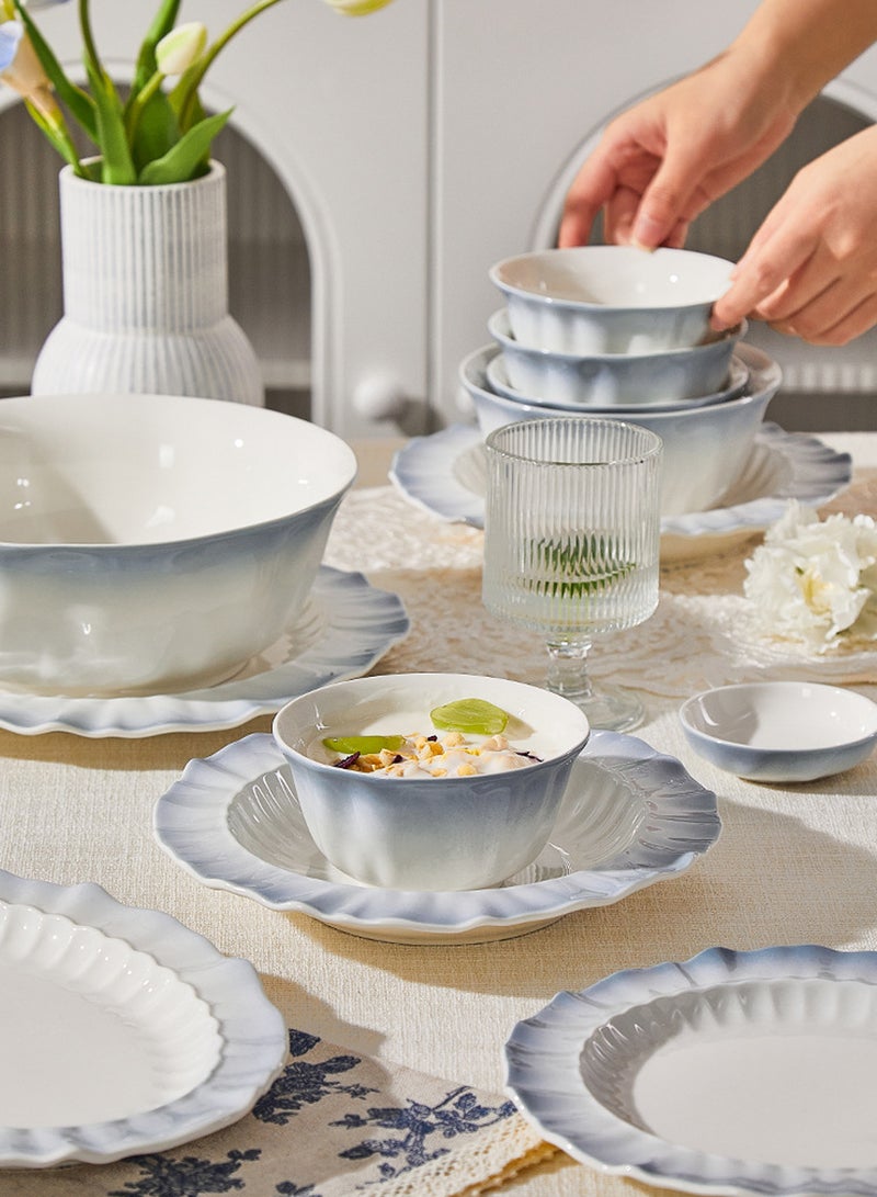 19 - Piece Smoke - Blue Petal Ceramic Dinnerware Set For 4, 4 Bowls + 4 Plates + 4 Spoons + 5 Chopsticks + 1 Soup Bowl + 1 Ladle,Microwave & Dishwasher Safe, Ideal For Home Dining, Brunch, Housewarming Gift, Kitchen Tableware - Image 3