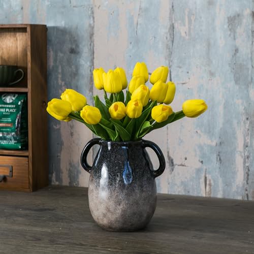 Tanvecle Blue Gradient Ceramic Vase with 2 Handles, Modern Farmhouse Decor, Rustic Terracotta Pottery, Decorative Clay Flower Vase, Centerpiece for Dining Table - 7 Inch - Image 2