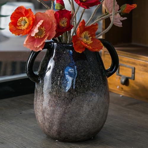 Tanvecle Blue Gradient Ceramic Vase with 2 Handles, Modern Farmhouse Decor, Rustic Terracotta Pottery, Decorative Clay Flower Vase, Centerpiece for Dining Table - 7 Inch - Image 1