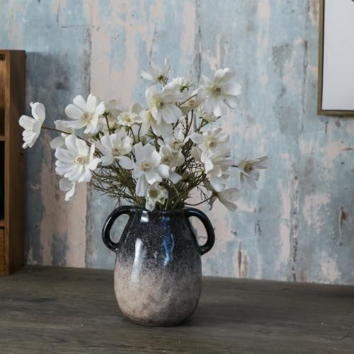 Tanvecle Blue Gradient Ceramic Vase with 2 Handles, Modern Farmhouse Decor, Rustic Terracotta Pottery, Decorative Clay Flower Vase, Centerpiece for Dining Table - 7 Inch - Image 3
