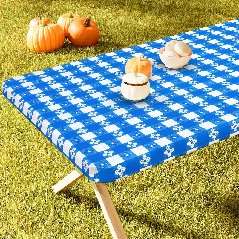 Spotjoy Rectangle Picnic Table Cloth  Waterproof Elastic Fitted Outdoor Table Covers for 8 Foot Tables  Flannel Backed Plastic Vinyl Tablecloths for Camping  Dining and Indoor (30""x96""  Blue & White) - Image 3