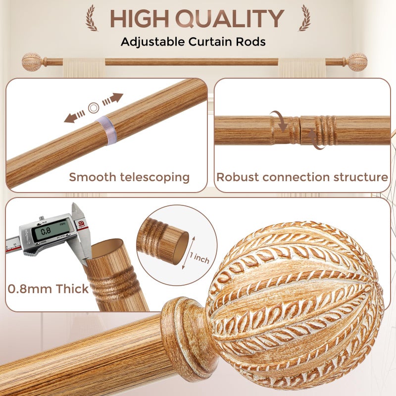 JRZOO Wood Curtain Rod for Windows 48 to 84 Inch, 1'' Diameter Adjustable Heavy Duty Rustic Farmhouse Drapery Rods with Boho Imitation Wooden Grain Decorative Finials, Size: 30''-88'' â€“ Light Wood - Image 5