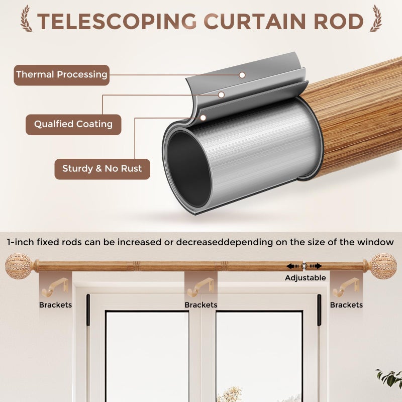 JRZOO Wood Curtain Rod for Windows 48 to 84 Inch, 1'' Diameter Adjustable Heavy Duty Rustic Farmhouse Drapery Rods with Boho Imitation Wooden Grain Decorative Finials, Size: 30''-88'' â€“ Light Wood - Image 3