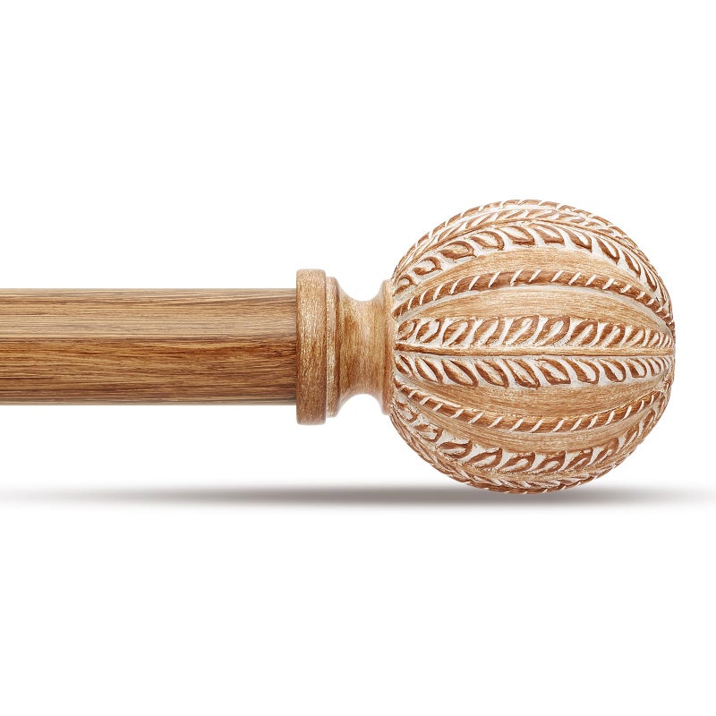 JRZOO Wood Curtain Rod for Windows 48 to 84 Inch, 1'' Diameter Adjustable Heavy Duty Rustic Farmhouse Drapery Rods with Boho Imitation Wooden Grain Decorative Finials, Size: 30''-88'' â€“ Light Wood - Image 1