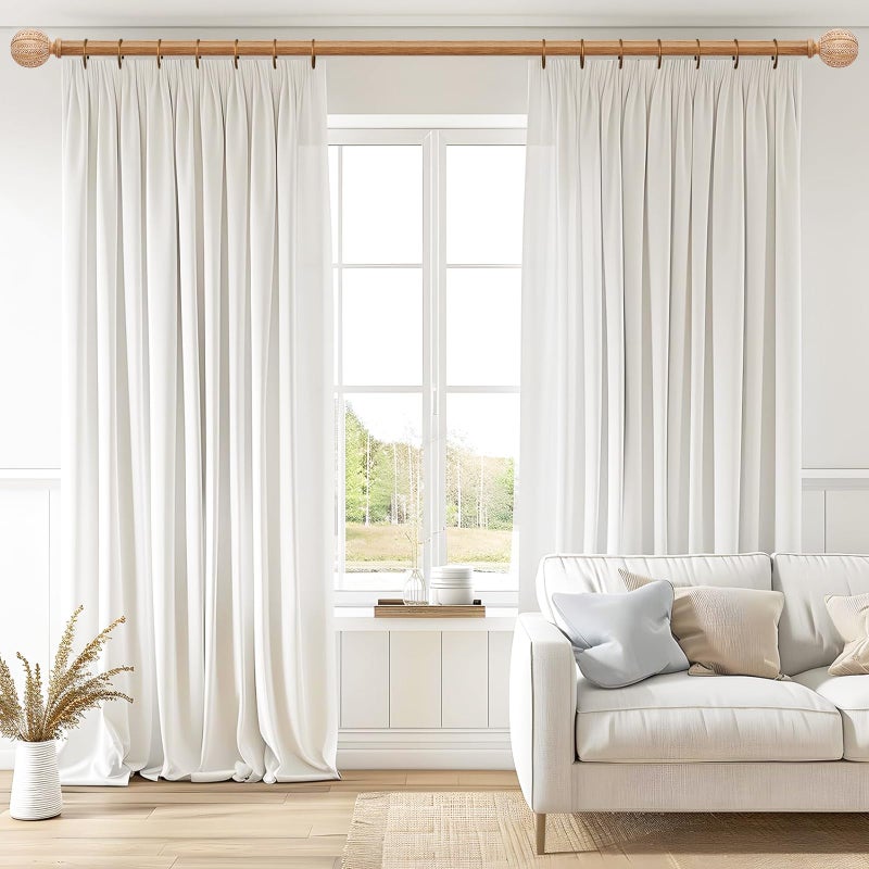 JRZOO Wood Curtain Rod for Windows 48 to 84 Inch, 1'' Diameter Adjustable Heavy Duty Rustic Farmhouse Drapery Rods with Boho Imitation Wooden Grain Decorative Finials, Size: 30''-88'' â€“ Light Wood - Image 2