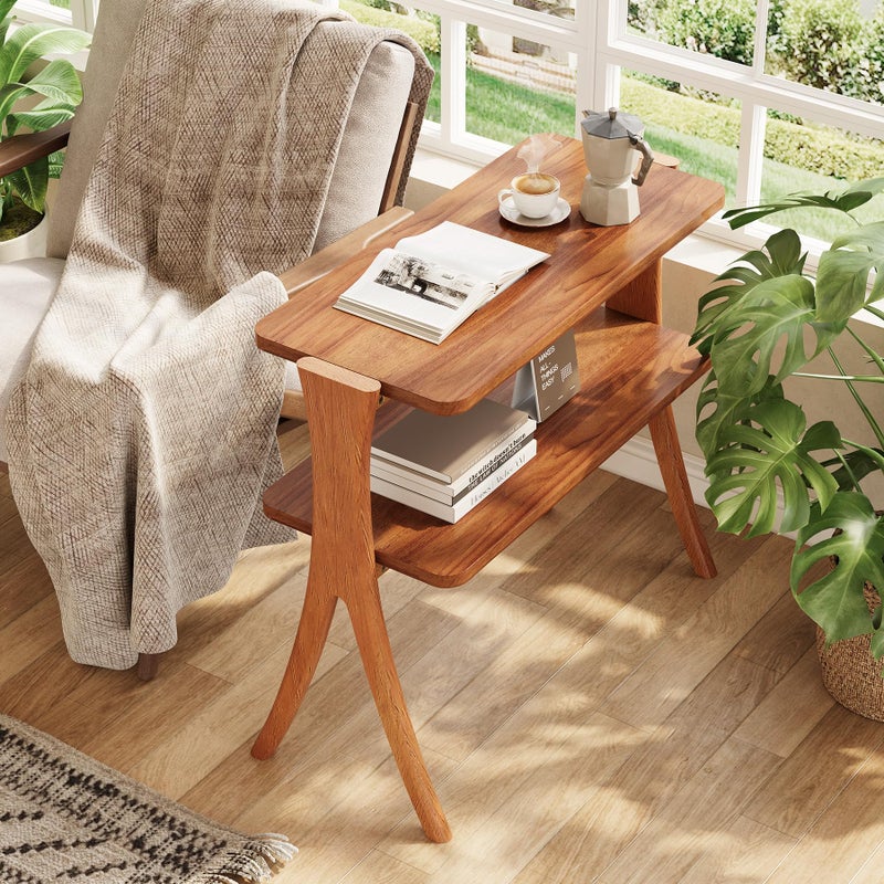 LITTLE TREE طاولة جانبية ضيقة LITTLE TREE، طاولة نهاية من طابقين مع أرجل خشبية صلبة، طاولة جانبية صغيرة، موفر للمساحة لغرفة المعيشة، غرفة النوم، المدخل (جوز) - Image 2