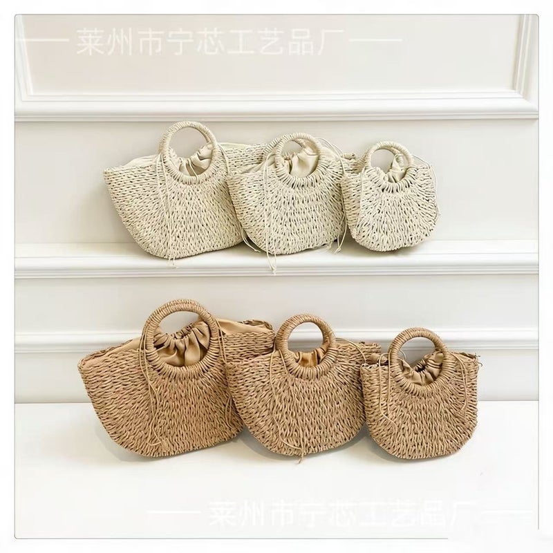 Handwoven Paper Rope Round Bucket Bag Women's Beach Handbag - Image 3