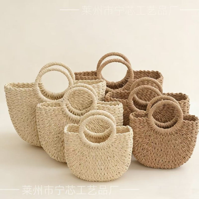 Handwoven Paper Rope Round Bucket Bag Women's Beach Handbag - Image 2