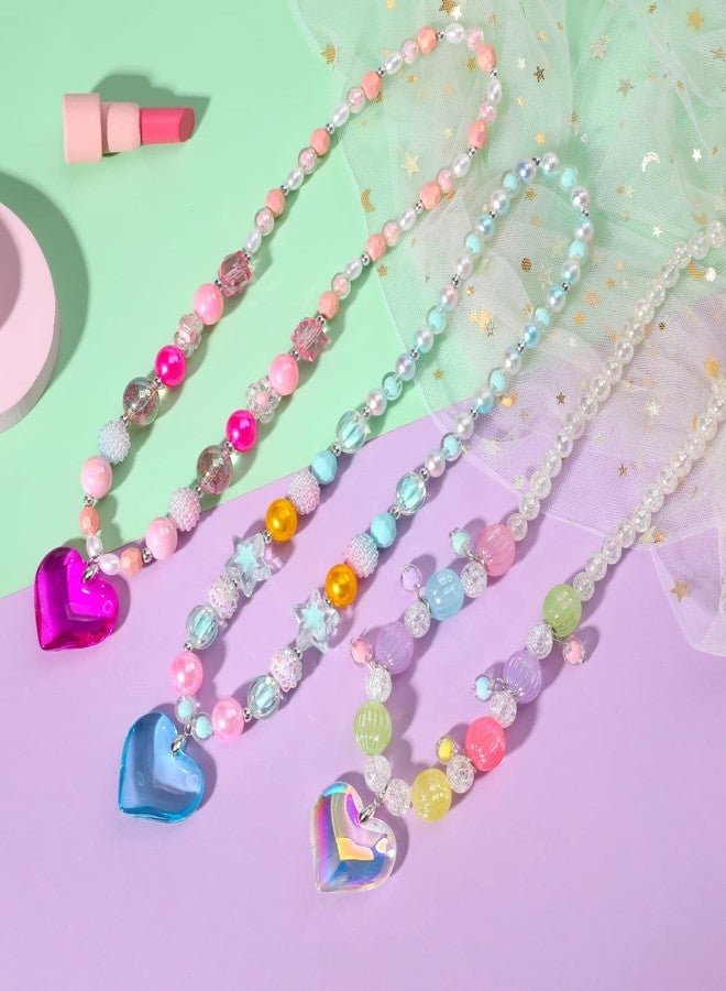PinkSheep Beads Necklace and Bracelet for Kids, 3 Sets, Little Girls Jewelry Necklace and Bracelet with Heart Pendant, Dress Up Pretend Play Party Favor - Image 3