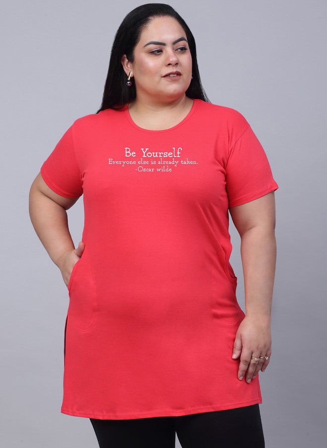 Trend Level Plus Size Typography Printed Pure Cotton Longline T-shirt - Image 1