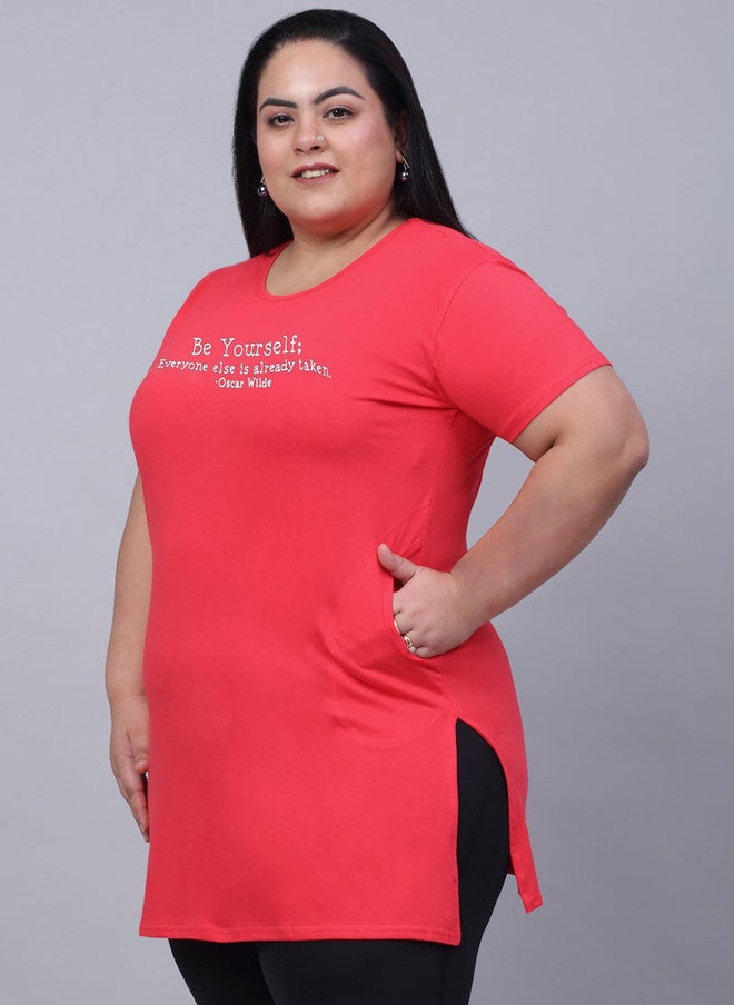 Trend Level Plus Size Typography Printed Pure Cotton Longline T-shirt - Image 3