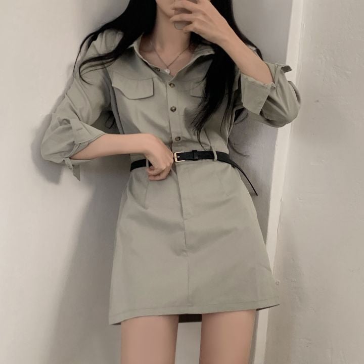 Korean Ins Autum Retro Petite Elegant Lapel Belt Waist Shirt Dress Womens High Waist A-Line Skirt Black - Image 2