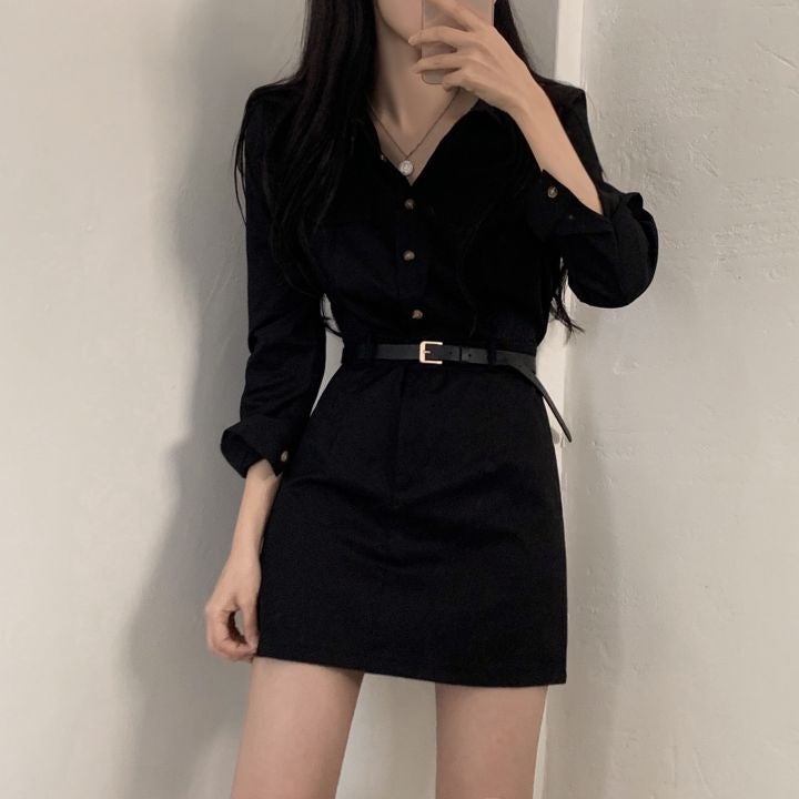 Korean Ins Autum Retro Petite Elegant Lapel Belt Waist Shirt Dress Womens High Waist A-Line Skirt Black - Image 1