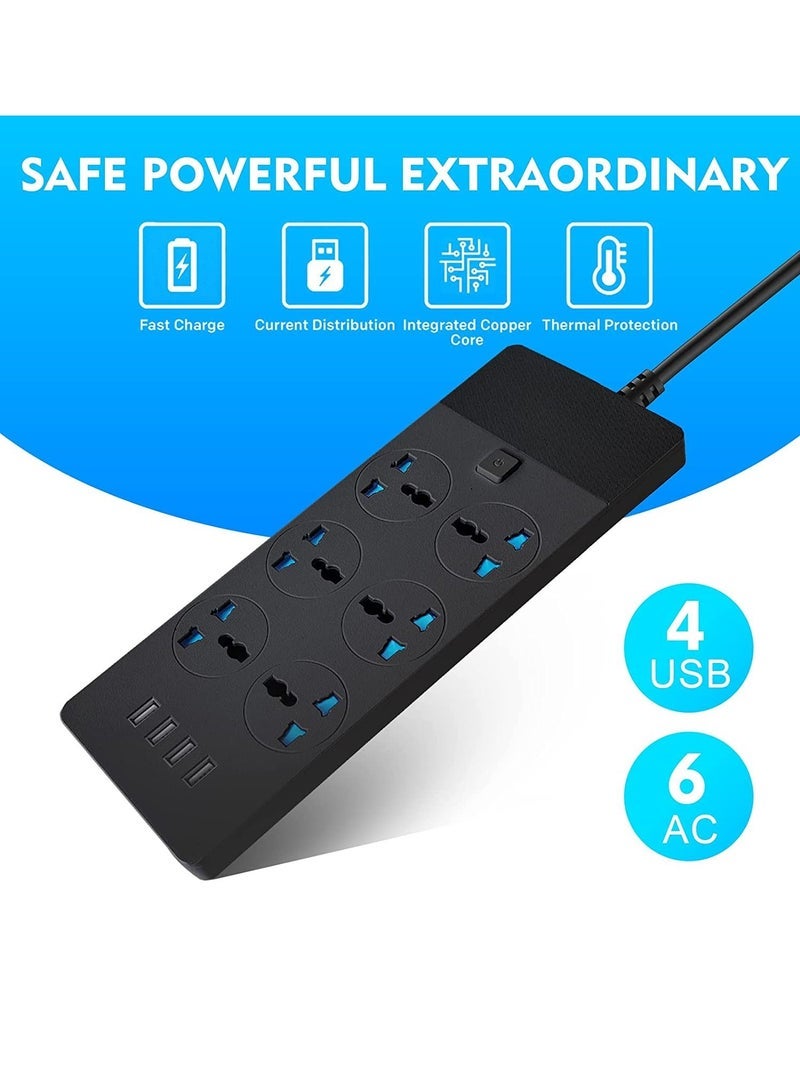 Power Strips Extension Cord 6 Outlets, Universal Plug Adapter with 4 USB Ports Surge Protector Charging Socket with 2M Bold Extension Cord - Image 2