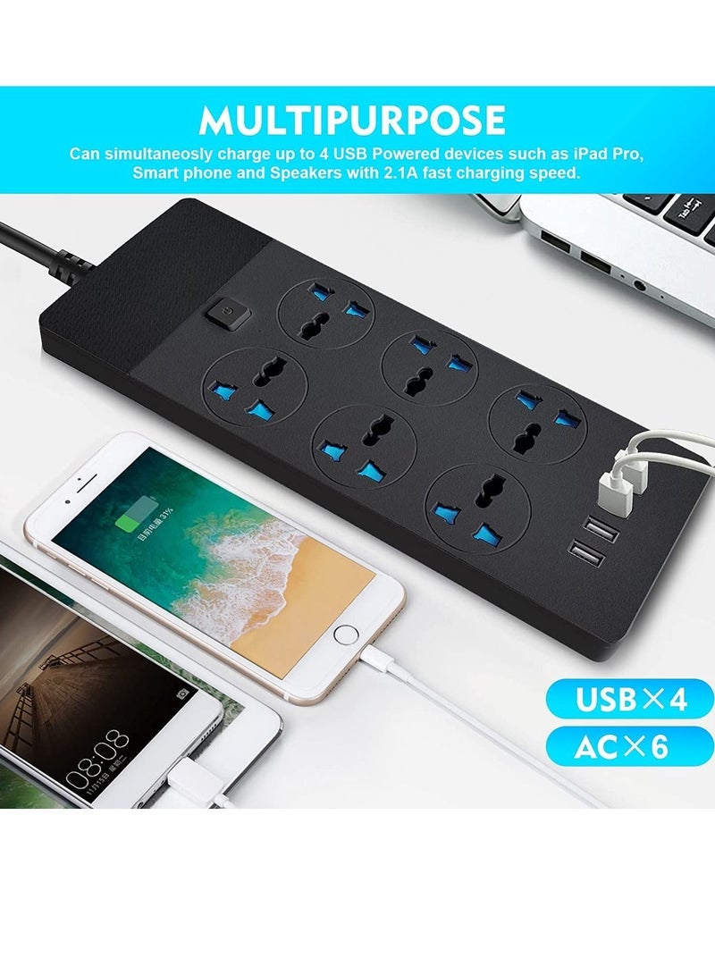 Power Strips Extension Cord 6 Outlets, Universal Plug Adapter with 4 USB Ports Surge Protector Charging Socket with 2M Bold Extension Cord - Image 3