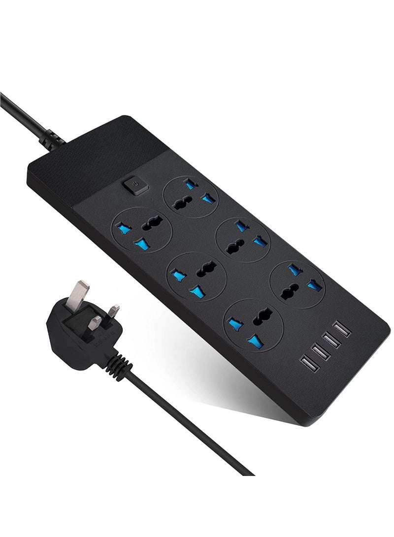 Power Strips Extension Cord 6 Outlets, Universal Plug Adapter with 4 USB Ports Surge Protector Charging Socket with 2M Bold Extension Cord - Image 1